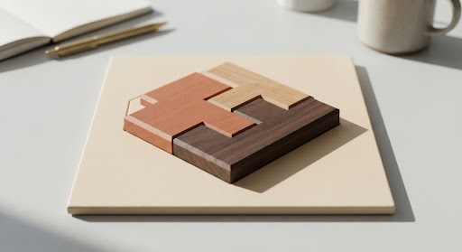 Wooden puzzle pieces arranged on a workshop table